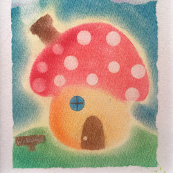 【絵画】きのこのおうちへようこそ！《ポストカード+おまけ付》 自然　きのこ　秋　癒し　ヒーリング パステルアート 3枚目の画像