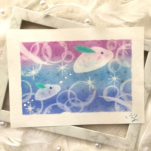 【絵画】雪うさぎ《ポストカード+おまけ付》癒し　動物　雪　うさぎ　パステルアート 6枚目の画像