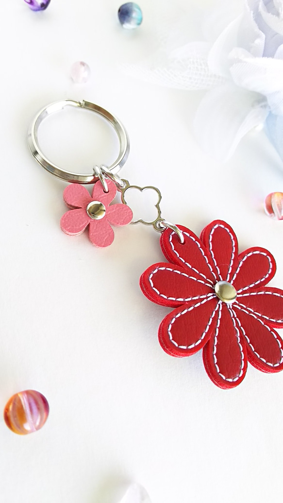 「冬の新作」W Flower  Key  holder   (silver)　red 2枚目の画像