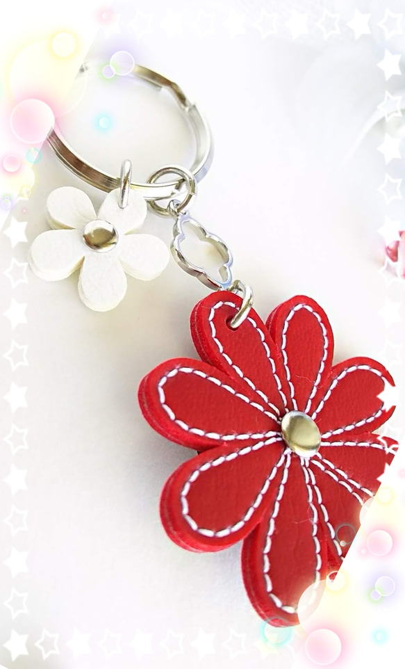 「冬の新作」W Flower  Key  holder   (silver)　red 5枚目の画像