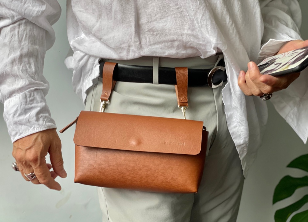 Zemoneni 手作り 牛革ベルトバッグ ショルダーバッグ 手作りツーインワンウエストバッグショルダーバッグキャラメル