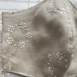 リネンのお花のサークルレース刺繍と高島ちぢみの夏マスク　オプションにてノーズワイヤー付けられます　MLサイズ　母の日にも 4枚目の画像