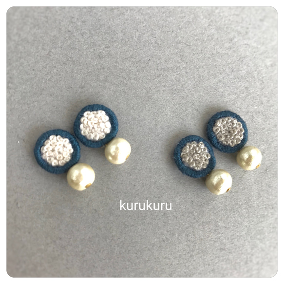 コットンパール付き　刺繍ピアス(樹脂ピアス／ノンホールピアス可) 2枚目の画像