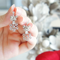 Creema限定』雪の結晶 silver＊ クリスタルの粒々ノンホールピアス