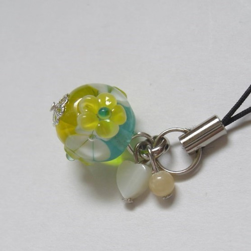 トンボ玉(水中花)のストラップ トンボ玉(水中花)のストラップ 水中花とんぼ玉根付（青緑）（ts5）