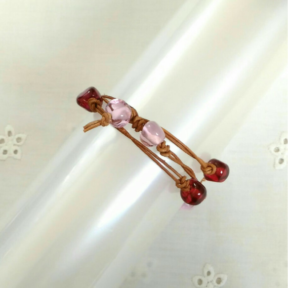 金赤とピンクの小さな花のとんぼ玉のネックレス(ブレスレット兼用) 5枚目の画像