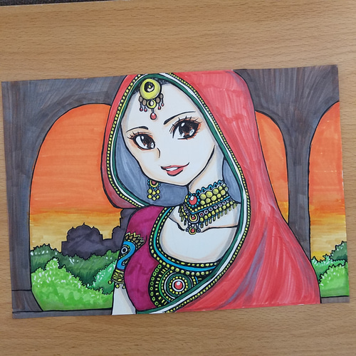 オリジナルイラスト原画 世界の美しい女性シリーズ インド イラスト