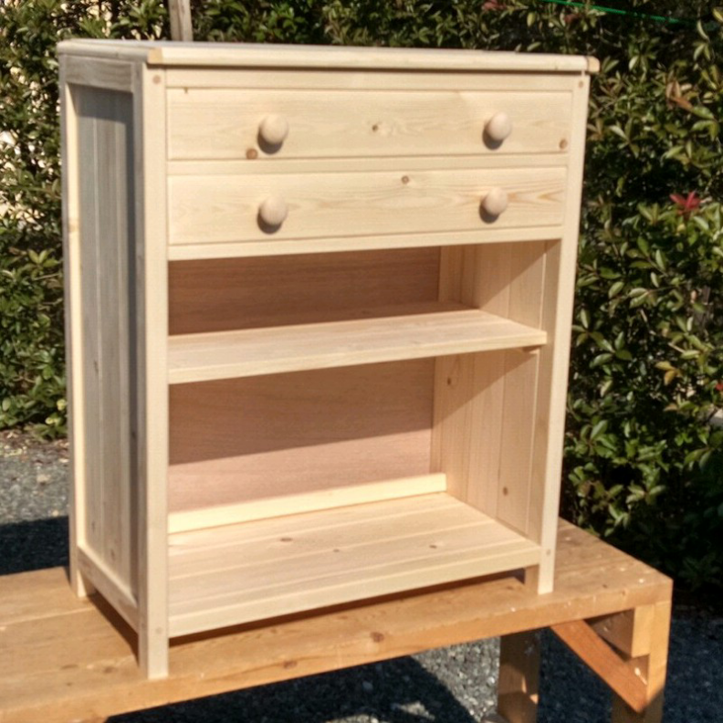 No32【✴️お部屋のポイント】キャビネット、多用途、引き出し2段棚2段、天然木、無垢