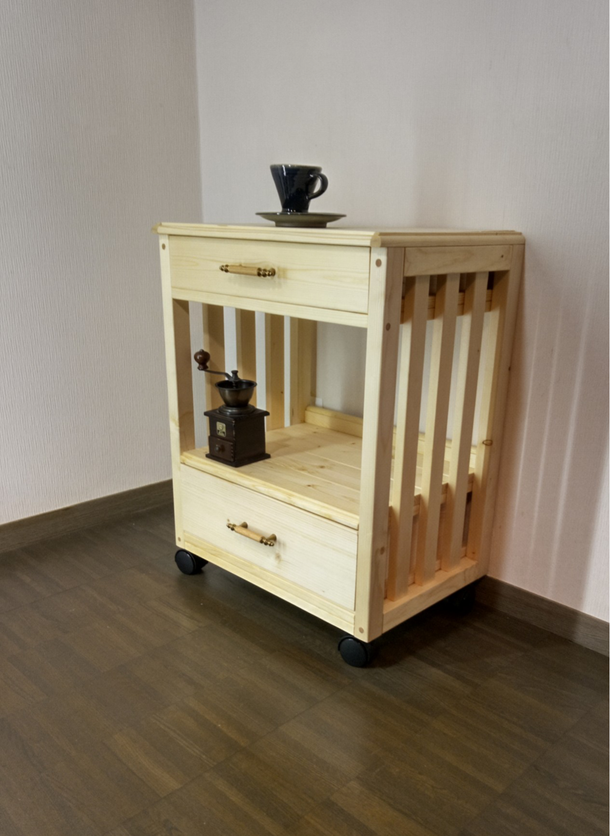 No40【コロコロやってくる】ワゴン、キャビネット、棚、引き出し2段、天然木、無垢、キャスター付き