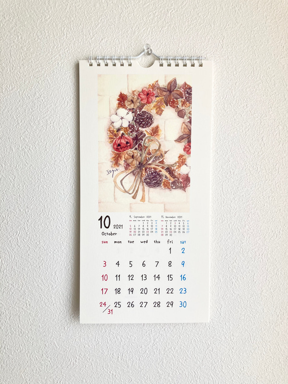 2021年水彩画イラスト　壁掛けカレンダー(縦長　キッチンカレンダー)うさぎ　猫　クマ　北欧　花 7枚目の画像