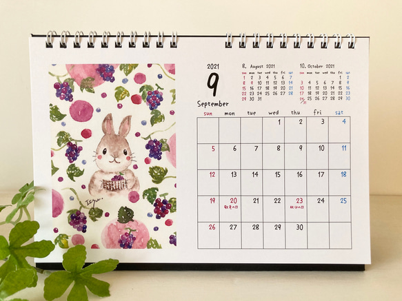 2021年　水彩画イラスト卓上カレンダー　猫　うさぎ　クマ　北欧　花　 6枚目の画像