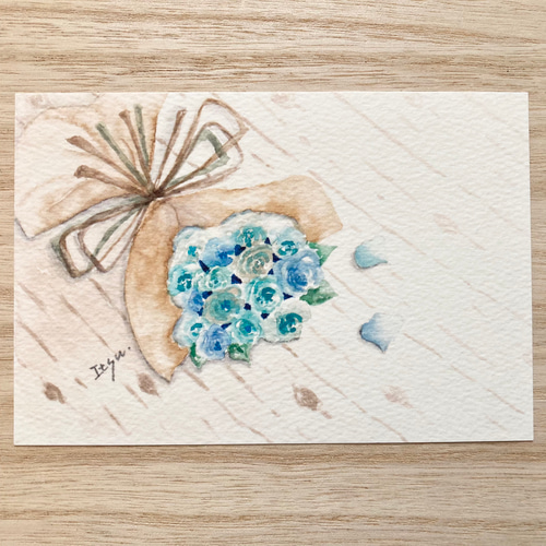 3枚セット「ブルーローズ」水彩画イラストポストカード バラ 薔薇 花