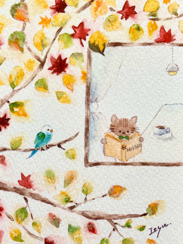 3枚セット「猫ちゃん、読書の秋」水彩画イラストポストカード　ネコ　ねこ　紅葉　敬老の日 2枚目の画像