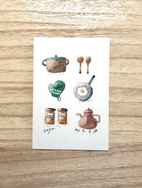 3枚セット「キッチン鍋」北欧水彩画イラストポストカード 北欧