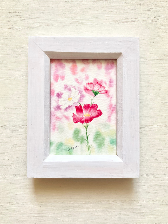 可憐なコスモス」水彩画イラストミニ額 プチギフト 秋桜 秋 敬老
