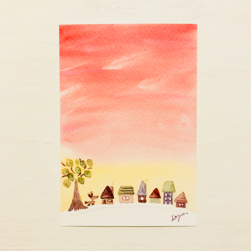 3枚セット「夕焼けの街並み」北欧水彩画イラストポストカード 秋
