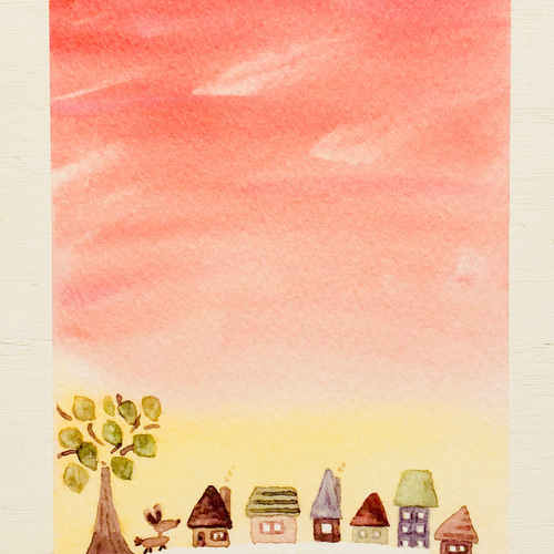 メロン色に染まった三日月　(size ポストカード) 水彩画　原画 ハガキ/ポストカード｜紙シリーズ｜ポストカード 夏椿柄