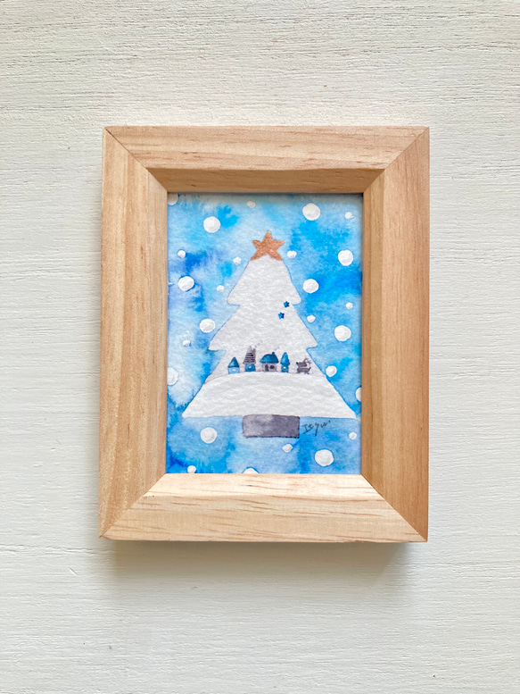 「夜のクリスマス」北欧水彩画イラストミニ額　クリスマスプレゼント　プチギフト 1枚目の画像