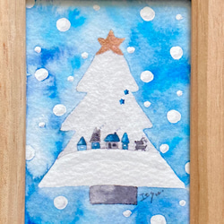 「夜のクリスマス」北欧水彩画イラストミニ額　クリスマスプレゼント　プチギフト 4枚目の画像