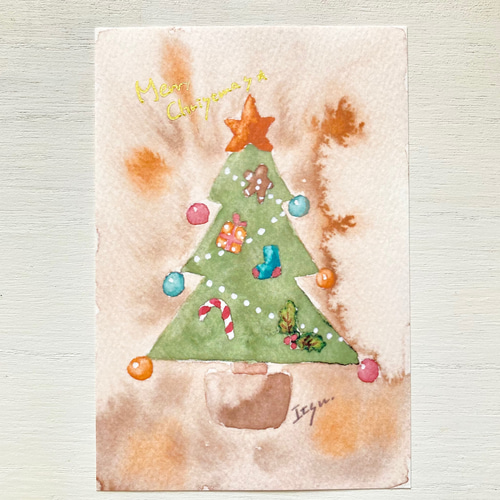 透明水彩画3枚セット「アンティーククリスマスツリー」北欧イラスト