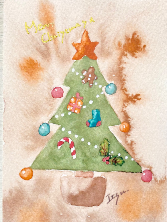 透明水彩画3枚セット「アンティーククリスマスツリー」北欧イラストポストカード　クリスマスカード　クリスマス 2枚目の画像
