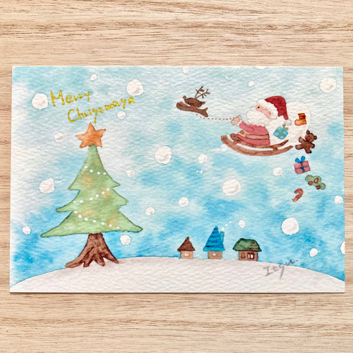 素晴らしい価格 透明水彩画 3枚セット「大忙しのサンタクロース」イラストポスト クラフト・布製品
