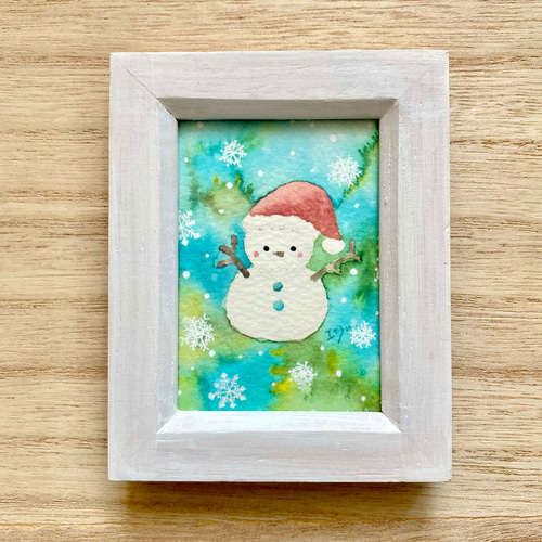 雪だるまサンタ」水彩画イラストミニ額 クリスマスプレゼント プチ