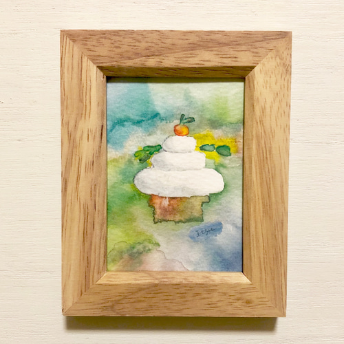 透明水彩画「鏡餅」イラストミニ額 お正月飾り 正月 イラスト