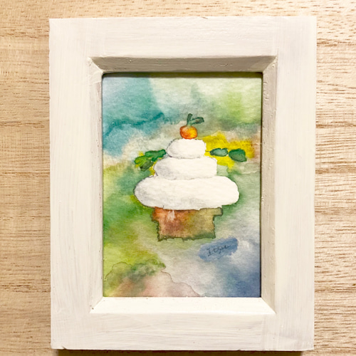 透明水彩画「鏡餅」イラストミニ額 お正月飾り 正月 イラスト