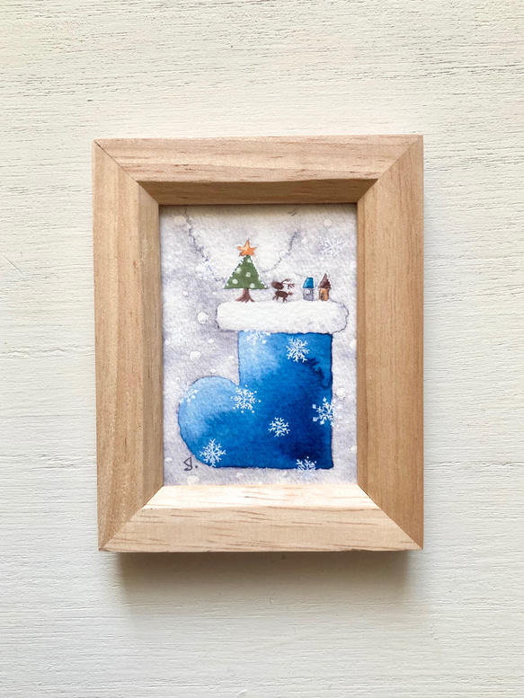「青いクリスマスブーツ」北欧水彩画イラストミニ額　クリスマス　クリスマスプレゼント　クリスマスギフト 1枚目の画像