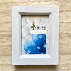 「青いクリスマスブーツ」北欧水彩画イラストミニ額　クリスマス　クリスマスプレゼント　クリスマスギフト 2枚目の画像