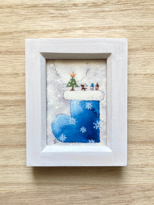 「青いクリスマスブーツ」北欧水彩画イラストミニ額　クリスマス　クリスマスプレゼント　クリスマスギフト 2枚目の画像