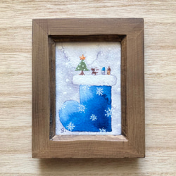 「青いクリスマスブーツ」北欧水彩画イラストミニ額　クリスマス　クリスマスプレゼント　クリスマスギフト 3枚目の画像