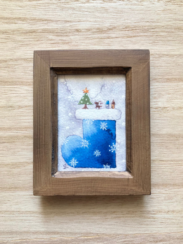 「青いクリスマスブーツ」北欧水彩画イラストミニ額　クリスマス　クリスマスプレゼント　クリスマスギフト 3枚目の画像