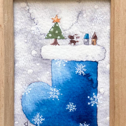 「青いクリスマスブーツ」北欧水彩画イラストミニ額　クリスマス　クリスマスプレゼント　クリスマスギフト 4枚目の画像