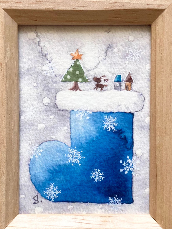 「青いクリスマスブーツ」北欧水彩画イラストミニ額　クリスマス　クリスマスプレゼント　クリスマスギフト 4枚目の画像