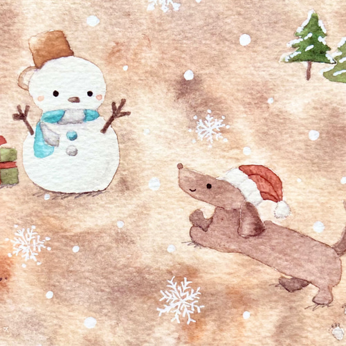透明水彩画3枚セット「雪遊びが大好きなダックスフント」北欧ポスト
