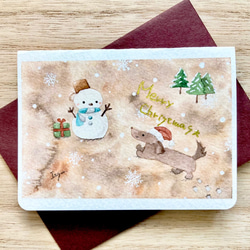 透明水彩画　2枚セット「雪遊びが大好きなダックスフント」北欧イラストミニカード　クリスマス　クリスマスカード　犬 1枚目の画像