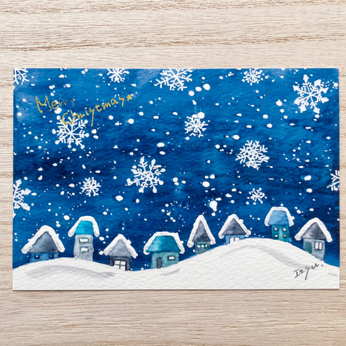 透明水彩画 3枚セット「雪降る街」水彩画イラストポストカード