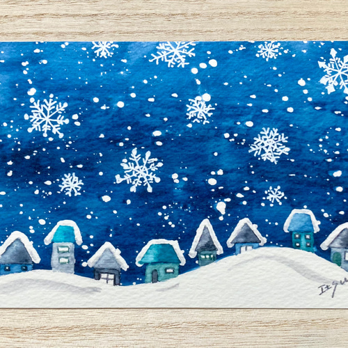 透明水彩画 3枚セット「雪降る街」水彩画イラストポストカード