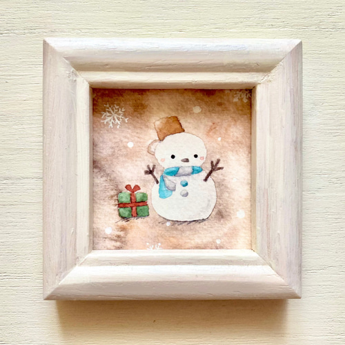 透明水彩画「ブラウン雪だるま」北欧ミニ額 クリスマス