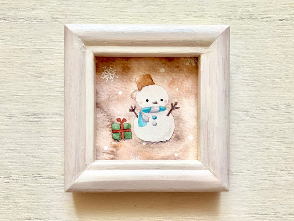 透明水彩画「ブラウン雪だるま」北欧ミニ額 クリスマス