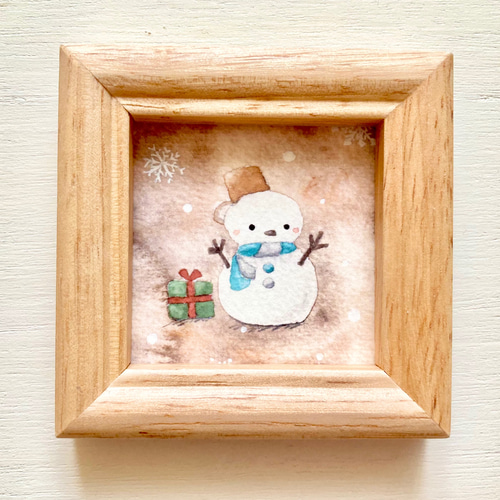 透明水彩画「ブラウン雪だるま」北欧ミニ額 クリスマス クリスマス