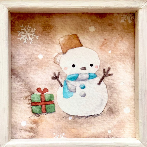 透明水彩画「ブラウン雪だるま」北欧ミニ額 クリスマス クリスマス
