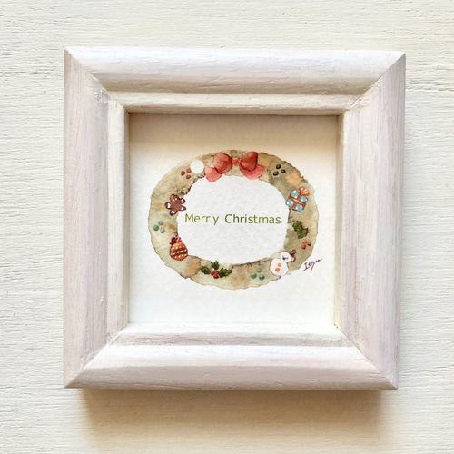水彩アート「クリスマスリース」手描き原画、1点物。送料無料
