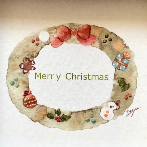 クリスマスリース」水彩画イラストミニ額 クリスマスプレゼント