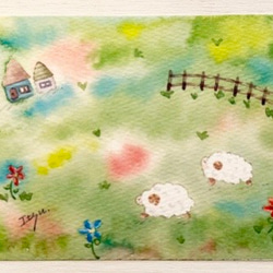 3枚セット「羊牧場」水彩画イラストポストカード　ひつじ　ヒツジ 2枚目の画像