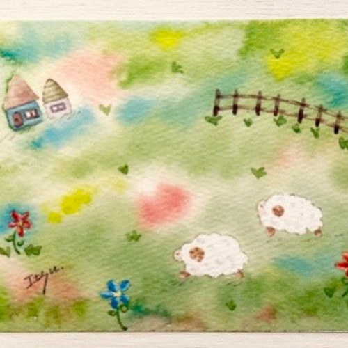 原画イラストポストカード：「羊：冬」 3枚セット「羊牧場」水彩画イラストポストカード ひつじ ヒツジ ポスト