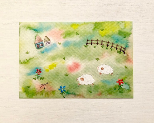水彩画原画　ひつじ牧場のある村　＃676 1_f745488f42c5af34a700f2f99668