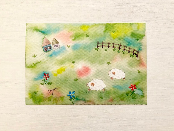 3枚セット「羊牧場」水彩画イラストポストカード　ひつじ　ヒツジ 1枚目の画像